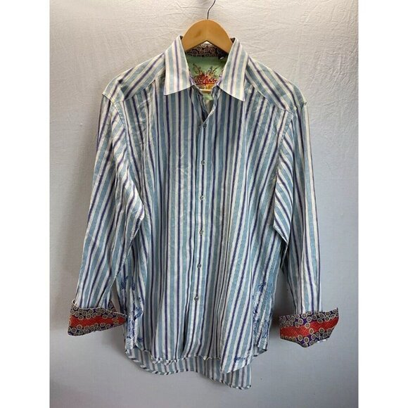 Robert‎ Graham Mens size LG  Long sleeve Blue Striped Shirt contrast cuff - Picture 1 of 9